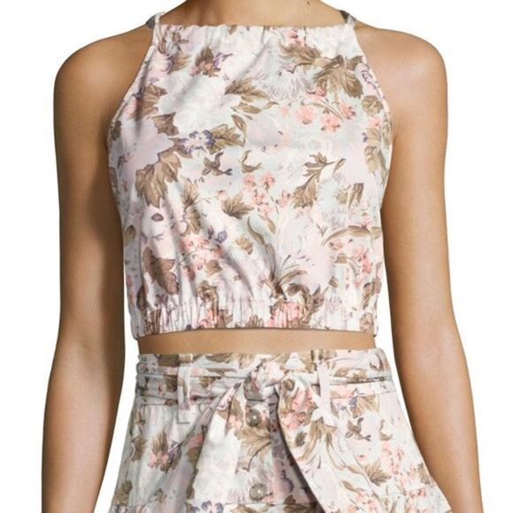 Rebecca Taylor Floral High Neck Crossback Strap Crop Tank Top Blue Women's XS - Picture 1 of 6